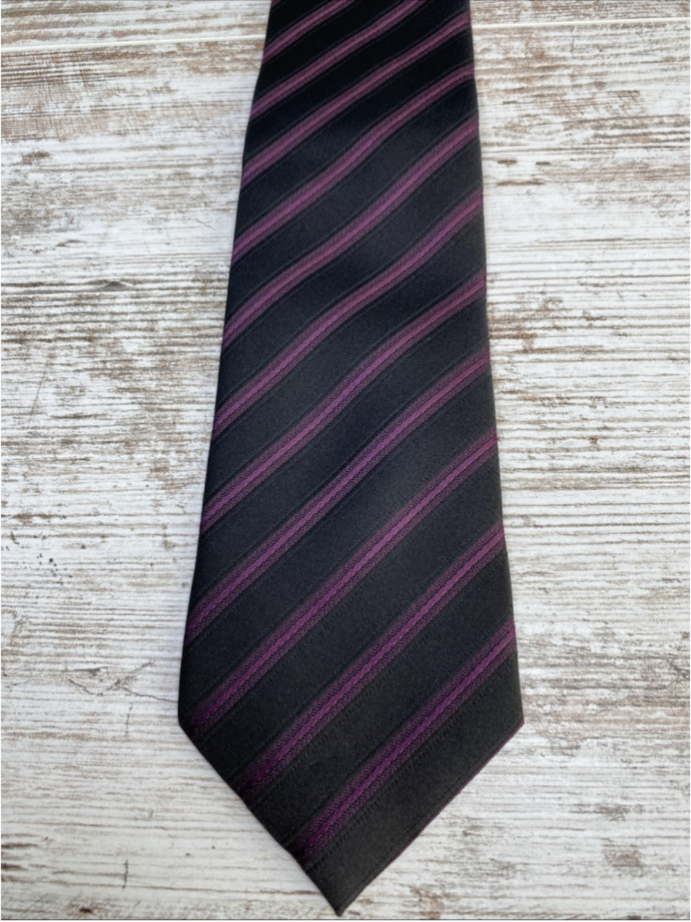 Dunnes Stores Slim Tie Black Purple Stripe Short 48” Youth Boys Skinny Necktie